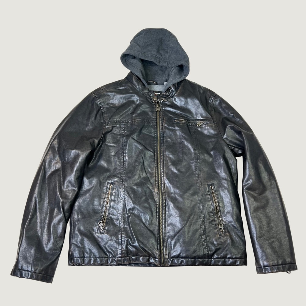 Levis Mens Large Faux Leather Hooded Moto Jacket Brown Biker Y2K Grunge